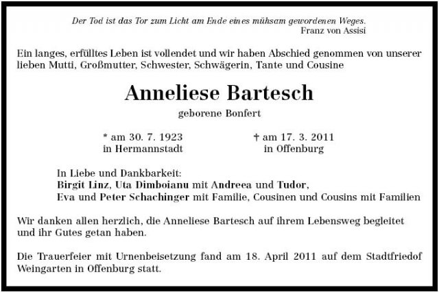 Bonfert Anneliese 1923-2011 Todesanzeige